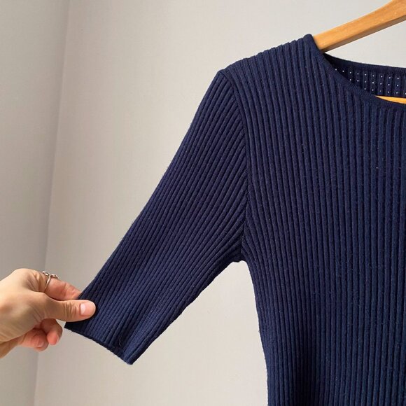 🍂 Navy Ribbed Flared A-Line Short Sleeves Open Knit Top Round Neckline - Picture 3 of 7